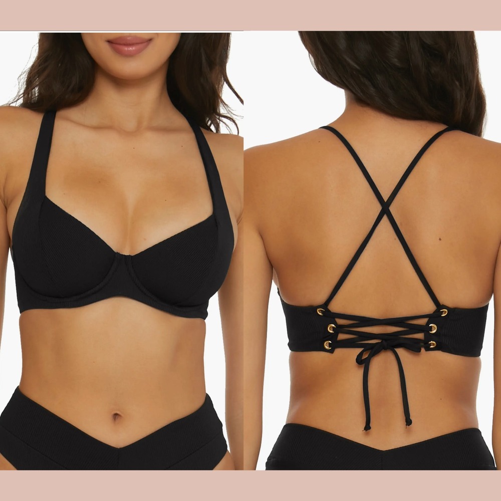 NEW $88 Becca [ Small ] Rib Modern Edge Underwire Bikini Top in‎ Black U1502